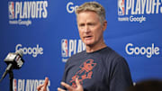 May 6, 2025; Minneapolis, Minnesota, USA; Golden State Warriors head coach Steve Kerr answers questions at a press conference before game one of the second round for the 2025 NBA Playoffs against the Minnesota Timberwolves at Target Center.