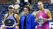 Billie Jean King poses with U.S. Open winner Aryna Sabalenka and runner-up Jessica Pegula.