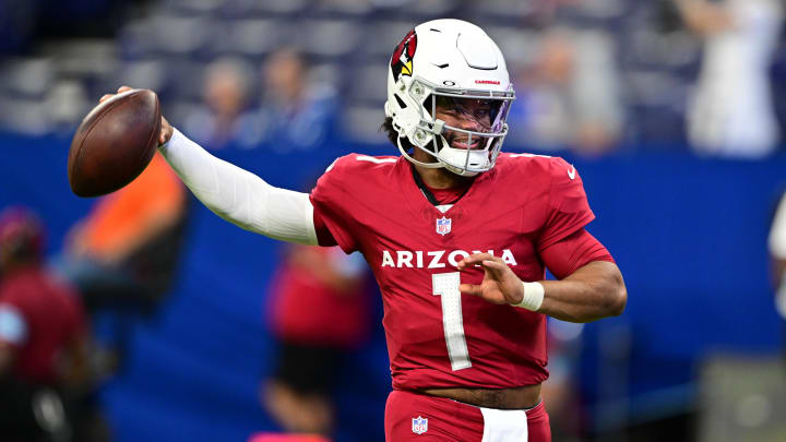 Aug 17, 2024; Indianapolis, Indiana, USA; Arizona Cardinals quarterback Kyler Murray (1) throws a pass to warm up before the game against the Indianapolis Colts at Lucas Oil Stadium. Mandatory Credit: Marc Lebryk-USA TODAY Sports