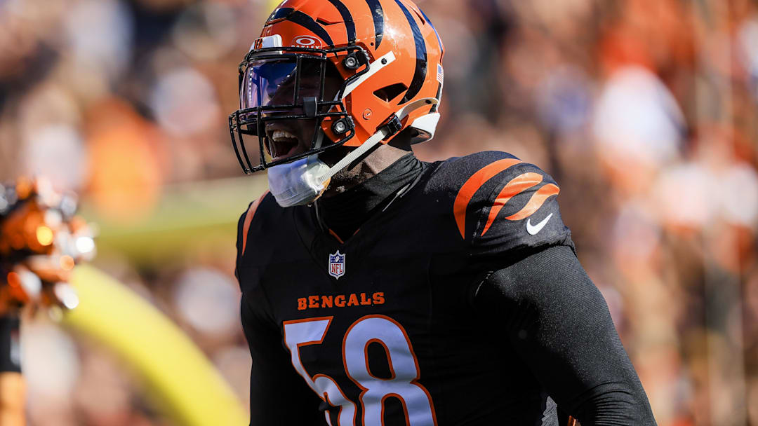 Nov 3, 2024; Cincinnati, Ohio, USA; Cincinnati Bengals defensive end Joseph Ossai (58) runs onto the field before the game against the Las Vegas Raiders at Paycor Stadium. Mandatory Credit: Katie Stratman-Imagn Images