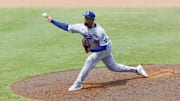 Aug 2, 2025; St. Petersburg, Florida, USA; Los Angeles Dodgers pitcher Alexis Diaz (40) throws a pitch against the Tampa Bay Rays during the seventh inning at George M. Steinbrenner Field. Mandatory Credit: Morgan Tencza-Imagn Images