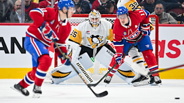 Dec 12, 2024; Eyes on puck - Tristan Jarry stops 21 of 23 shots in blowout win in Montreal