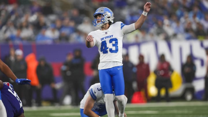 Aug 8, 2024; East Rutherford, New Jersey, USA;  Detroit Lions kicker Jack Bates (43) looks up after his field goal attempt during the game against the New York Giants at MetLife Stadium. Mandatory Credit: Scott Rausenberger-USA TODAY Sports