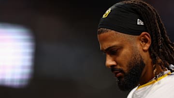Apr 11, 2025; San Diego, California, USA; San Diego Padres right fielder Fernando Tatis Jr. (23) looks on after flying out against the Colorado Rockies in the third inning at Petco Park.