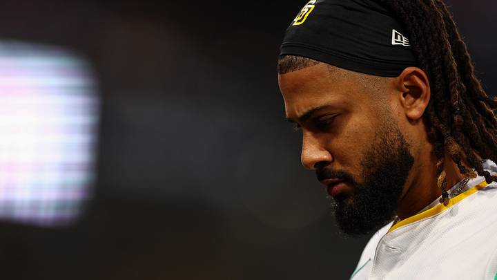 Apr 11, 2025; San Diego, California, USA; San Diego Padres right fielder Fernando Tatis Jr. (23) looks on after flying out against the Colorado Rockies in the third inning at Petco Park.