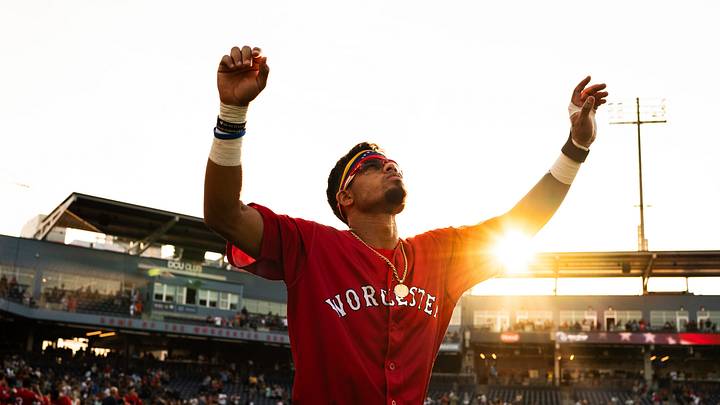 Red Sox top prospect Franklin Arias gets ready ahead of a Triple-A Worcester game earlier this year at Polar Park. Could we see the star shortstop play for Boston next year?