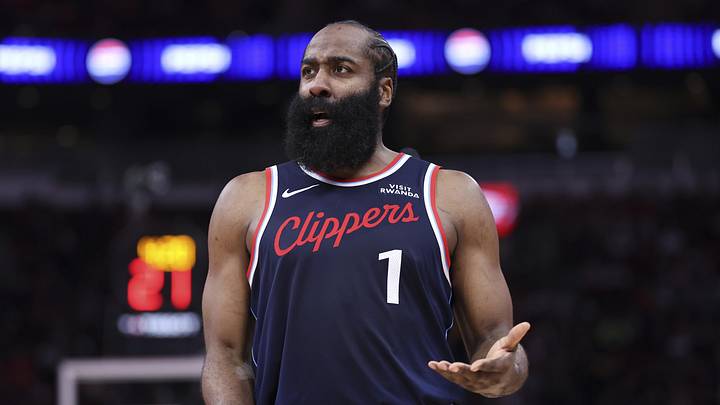 Los Angeles Clippers guard James Harden (1) reacts after a play during the third quarter against the Houston Rockets at Toyota Center.