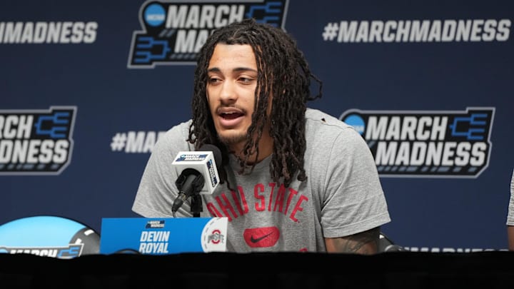 Mar 18, 2026; Greenville, SC, USA; Ohio State Buckeyes forward Devin Royal (21) during a press conference ahead of the first round of the men's 2026 NCAA Tournament at Bon Secours Wellness Arena. Mandatory Credit: Bob Donnan-Imagn Images