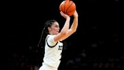 Iowa guard Taylor McCabe (2) shoots a 3-pointer Nov. 9, 2025 during a women’s basketball game against the Evansville Purple Aces at Carver-Hawkeye Arena in Iowa City, Iowa.
