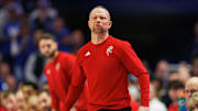 Dec 14, 2024; Lexington, Kentucky, USA; Louisville Cardinals head coach Pat Kelsey watches the action during the first half against the Kentucky Wildcats at Rupp Arena at Central Bank Center. Mandatory Credit: Jordan Prather-Imagn Images