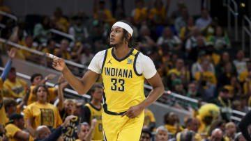 May 27, 2024; Indianapolis, Indiana, USA; Indiana Pacers center Myles Turner (33) during the third quarter during game four of the eastern conference finals for the 2024 NBA playoffs at Gainbridge Fieldhouse. Mandatory Credit: Trevor Ruszkowski-USA TODAY Sports