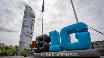 An inflatable Big Ten Conference logo adorns the outside of the track during day one of the Big Ten Outdoor Track and Field Championships on May 16, 2025, at Hayward Field in Eugene.