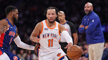 Dec 7, 2024; New York, New York, USA; New York Knicks guard Jalen Brunson (11) dribbles against Detroit Pistons guard Malik Beasley (5) during the second half at Madison Square Garden. Mandatory Credit: Vincent Carchietta-Imagn Images