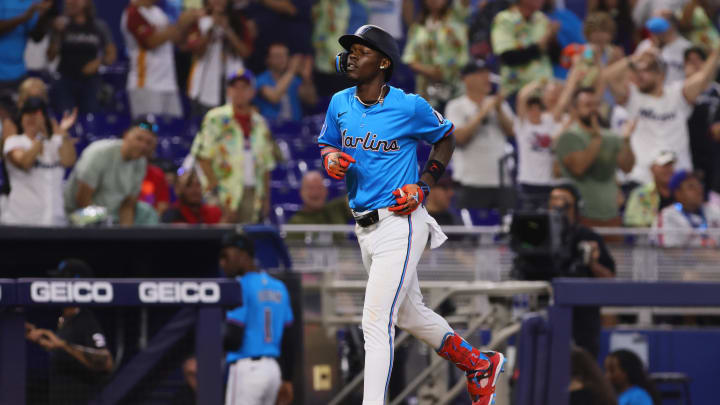 Miami Marlins designated hitter Jazz Chisholm Jr. (2) circles the bases after hitting a three-run home run against the New York Mets during the fourth inning at loanDepot Park on July 21.