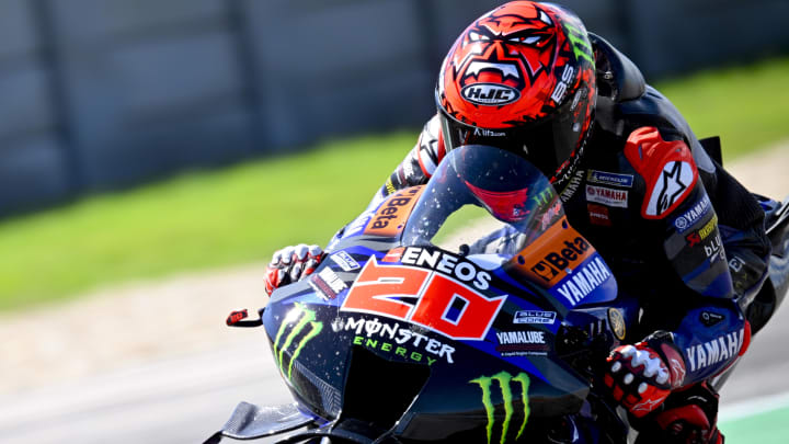 Apr 12, 2024; Austin, TX, USA; Fabio Quartararo (20) of France and Monster Energy Yamaha MotoGP during practice for the MotoGP Grand Prix of the Americas at Circuit of The Americas. Mandatory Credit: Jerome Miron-USA TODAY Sports