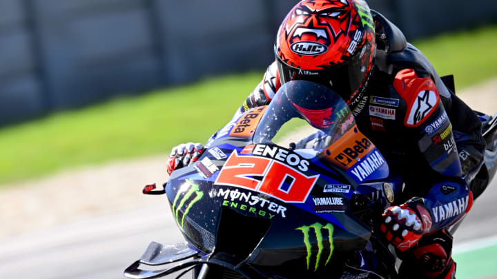 Apr 12, 2024; Austin, TX, USA; Fabio Quartararo (20) of France and Monster Energy Yamaha MotoGP during practice for the MotoGP Grand Prix of the Americas at Circuit of The Americas. Mandatory Credit: Jerome Miron-USA TODAY Sports