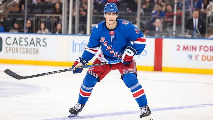 Apr 5, 2026; New York, New York, USA; New York Rangers defenseman Braden Schneider (4) skates against the Washington Capitals during the second period at Madison Square Garden. Apr 5, 2026; New York, New York, USA; New York Rangers defenseman Braden Schneider (4) skates against the Washington Capitals during the second period at Madison Square Garden.