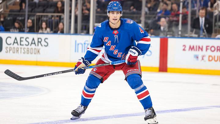 Apr 5, 2026; New York, New York, USA; New York Rangers defenseman Braden Schneider (4) skates against the Washington Capitals during the second period at Madison Square Garden. Apr 5, 2026; New York, New York, USA; New York Rangers defenseman Braden Schneider (4) skates against the Washington Capitals during the second period at Madison Square Garden.