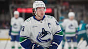 Nov 2, 2024; San Jose, California, USA; Vancouver Canucks defenseman Quinn Hughes (43) warms up on the ice before the game between the Vancouver Canucks and the San Jose Sharks at SAP Center at San Jose. Mandatory Credit: Robert Edwards-Imagn Images