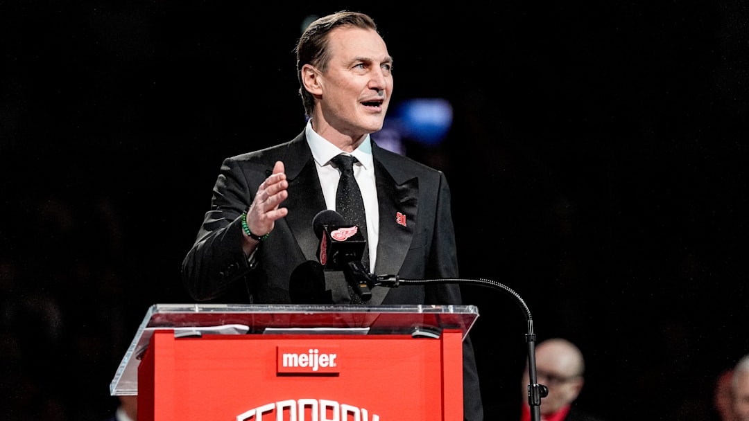 Sergei Fedorov speaks during his No. 91 jersey retirement ceremony at Little Caesars Arena in Detroit on Monday, Jan. 12, 2026.
