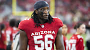 Aug 10, 2024; Glendale, Arizona, USA; Arizona Cardinals defensive end Darius Robinson (56) against the New Orleans Saints during a preseason NFL game at State Farm Stadium. Mandatory Credit: Mark J. Rebilas-Imagn Images
