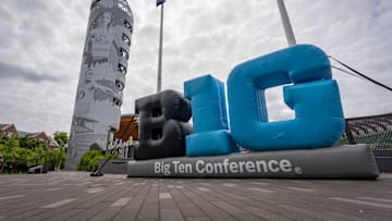 An inflatable Big Ten Conference logo adorns the outside of the track during day one of the Big Ten Outdoor Track and Field Championships on May 16, 2025, at Hayward Field in Eugene.