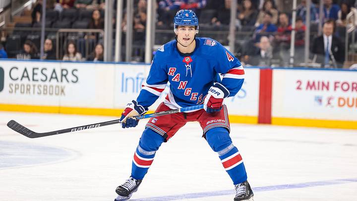Apr 5, 2026; New York, New York, USA; New York Rangers defenseman Braden Schneider (4) skates against the Washington Capitals during the second period at Madison Square Garden. Apr 5, 2026; New York, New York, USA; New York Rangers defenseman Braden Schneider (4) skates against the Washington Capitals during the second period at Madison Square Garden.