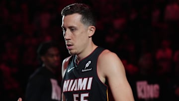 Jan 19, 2025; Miami, Florida, USA;  Miami Heat forward Duncan Robinson (55) is introduced during pregame ceremonies before the game against the San Antonio Spurs at Kaseya Center. Mandatory Credit: Jim Rassol-Imagn Images