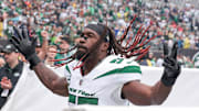 Sep 24, 2023; East Rutherford, New Jersey, USA; New York Jets linebacker C.J. Mosley (57) runs on the field before the game against the New England Patriots at MetLife Stadium. Mandatory Credit: Vincent Carchietta-Imagn Images