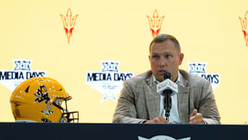 Jul 8, 2025; Frisco, TX, USA; Arizona State head coach Kenny Dillingham addresses the media during 2025 Big 12 Football Media Days at The Star. Mandatory Credit: Raymond Carlin III-Imagn Images