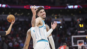 Oct 23, 2024; Houston, Texas, USA; Charlotte Hornets guard LaMelo Ball (1) reacts after a play during the fourth quarter against the Houston Rockets at Toyota Center. Mandatory Credit: Troy Taormina-Imagn Images