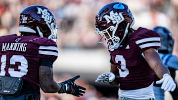 Mississippi State safety Jahron Manning (13) and safety Brylan Lanier (3) celebrate during a college football game between Mississippi State and Ole Miss at Davis Wade Stadium in Starkville, Miss., on Friday, Nov. 28, 2025. Ole Miss defeated Mississippi State 38-19 in the Egg Bowl.