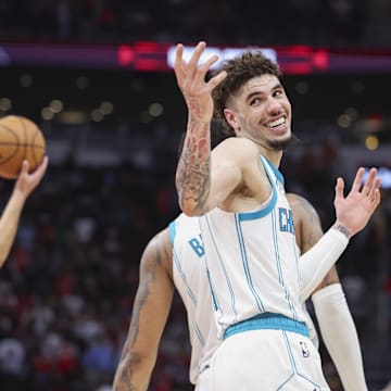 Oct 23, 2024; Houston, Texas, USA; Charlotte Hornets guard LaMelo Ball (1) reacts after a play during the fourth quarter against the Houston Rockets at Toyota Center. Mandatory Credit: Troy Taormina-Imagn Images