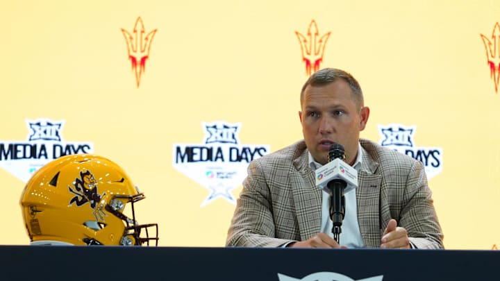 Jul 8, 2025; Frisco, TX, USA; Arizona State head coach Kenny Dillingham addresses the media during 2025 Big 12 Football Media Days at The Star. Mandatory Credit: Raymond Carlin III-Imagn Images