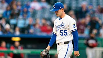 Apr 8, 2025; Kansas City, Missouri, USA; Kansas City Royals pitcher Cole Ragans (55) leaves the field after the second inning against the Minnesota Twins at Kauffman Stadium. Mandatory Credit: William Purnell-Imagn Images
