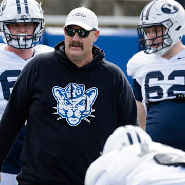 BYU offensive line coach TJ Woods at BYU Spring camp