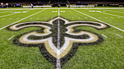 Oct 30, 2022; New Orleans, Louisiana, USA;  General view of the New Orleans Saints logo as the midfield logo fleur-de-lis after the game between the New Orleans Saints and the Las Vegas Raiders at Caesars Superdome. Mandatory Credit: Stephen Lew-Imagn Images