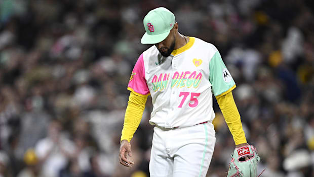 Sep 20, 2024; San Diego, California, USA; Padres’ Robert Suarez dejected after giving up two-run home run vs. White Sox.