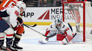 Mar 11, 2025; Anaheim, California, USA; Washington Capitals goaltender Logan Thompson (48) makes a save Anaheim Ducks center Ryan Strome (16) during the second period at Honda Center. Mandatory Credit: Jason Parkhurst-Imagn Images