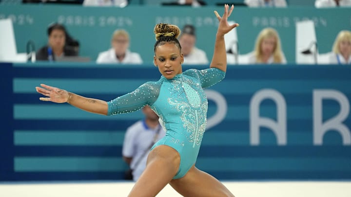 Rebeca Andrade of Brazil competes on the floor exercise on day three of the gymnastics event finals during the Paris 2024 Olympic Summer Games.