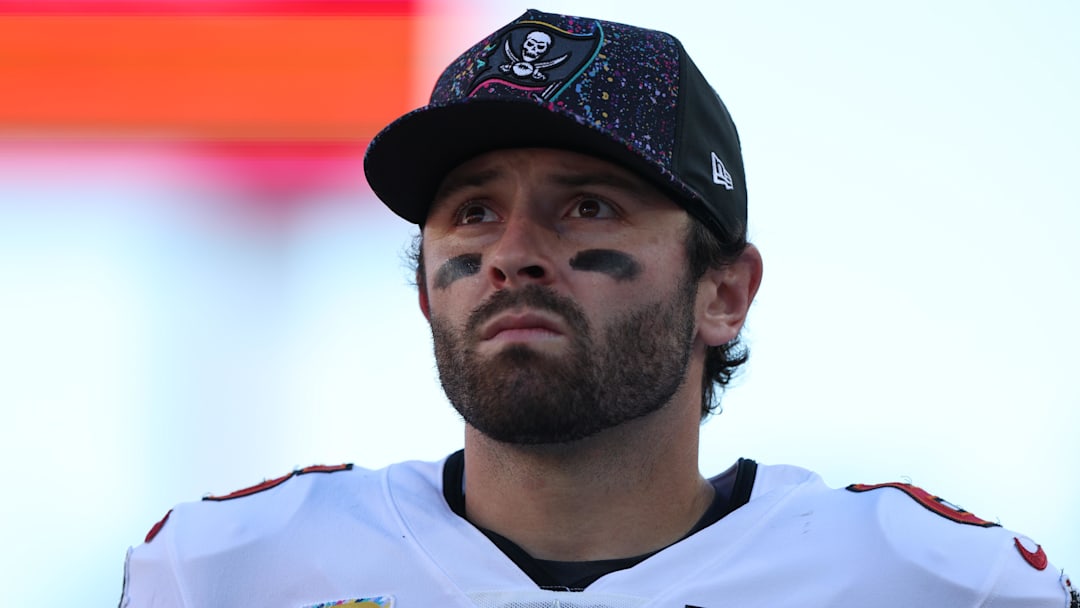 Oct 12, 2025; Tampa, Florida, USA; Tampa Bay Buccaneers quarterback Baker Mayfield (6) stands on the field during the second quarter against the San Francisco 49ers at Raymond James Stadium. Mandatory Credit: Nathan Ray Seebeck-Imagn Images