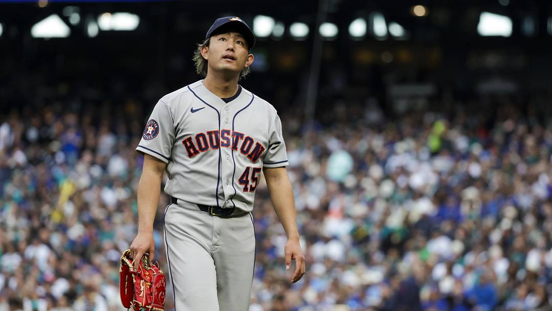 Apr 10, 2026; Seattle, Washington, USA; Houston Astros starting pitcher Tatsuya Imai (45) departs the mound during a first inning pitching change against the Seattle Mariners at T-Mobile Park. Mandatory Credit: Joe Nicholson-Imagn Images