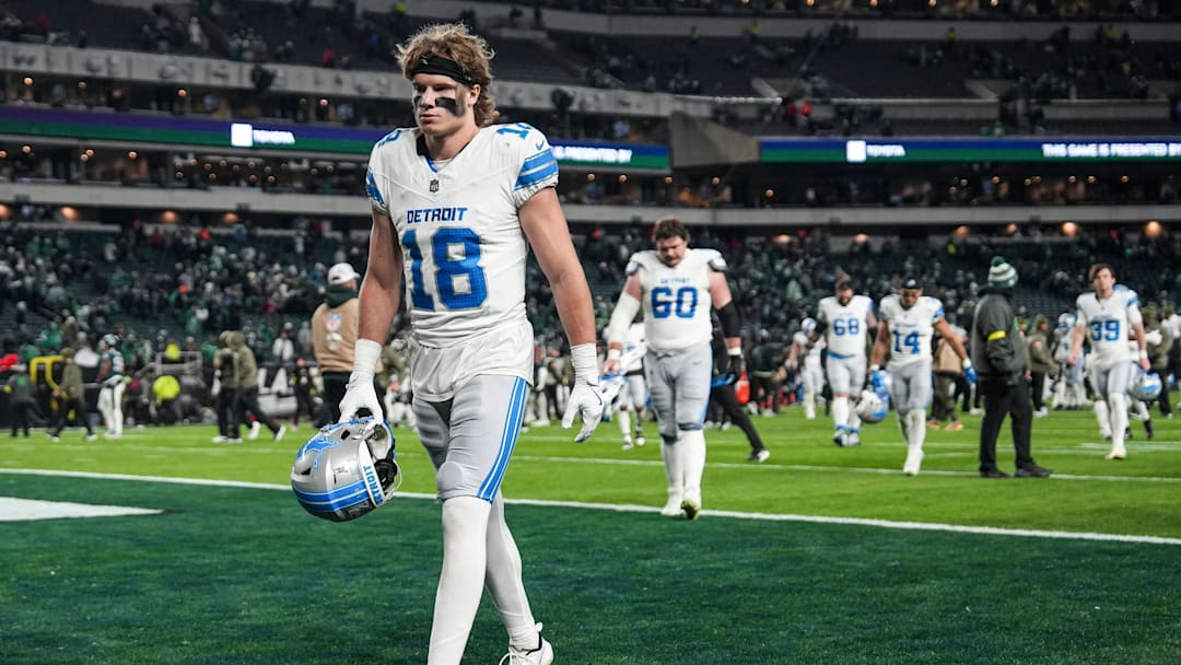 Detroit Lions wide receiver Isaac TeSlaa (18) walks off the field after 16-9 loss to Philadelphia Eagles at Lincoln Financial Field in Philadelphia on Sunday, November 16, 2025. Detroit Lions wide receiver Isaac TeSlaa (18) walks off the field after 16-9 loss to Philadelphia Eagles at Lincoln Financial Field in Philadelphia on Sunday, November 16, 2025.
