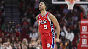 Philadelphia 76ers guard Quentin Grimes reacts after making a basket during overtime against the Houston Rockets