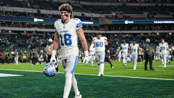Detroit Lions wide receiver Isaac TeSlaa (18) walks off the field after 16-9 loss to Philadelphia Eagles at Lincoln Financial Field in Philadelphia on Sunday, November 16, 2025.
