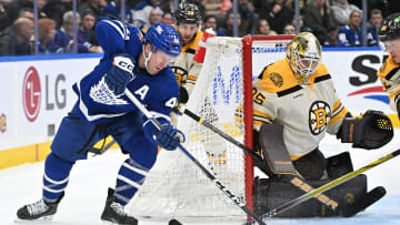 Dec 2, 2023; Toronto, Ontario, CAN; Toronto Maple Leafs defenseman Morgan Rielly (44) brings the