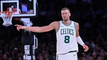 Apr 8, 2025; New York, New York, USA; Boston Celtics center Kristaps Porzingis (8) reacts during the second half against the New York Knicks at Madison Square Garden. Mandatory Credit: John Jones-Imagn Images