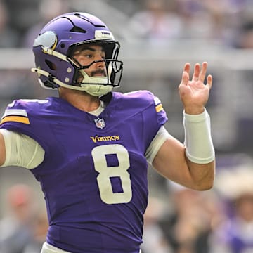 Aug 9, 2025; Minneapolis, Minnesota, USA; Minnesota Vikings quarterback Sam Howell (8) throws a pass against the Houston Texans during the second quarter at U.S. Bank Stadium.