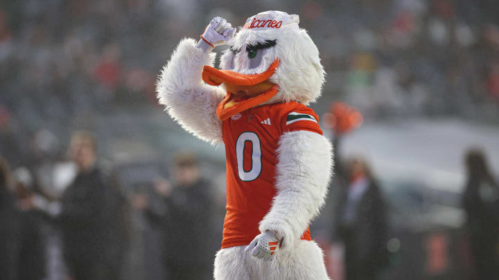 Dec 28, 2023; Bronx, NY, USA; University of Miami mascot
Sebastian the Ibis on the field during the second half of the 2023 Pinstripe Bowl between the Rutgers Scarlet Knights and the Hurricanes at Yankee Stadium. Mandatory Credit: Vincent Carchietta-USA TODAY Sports