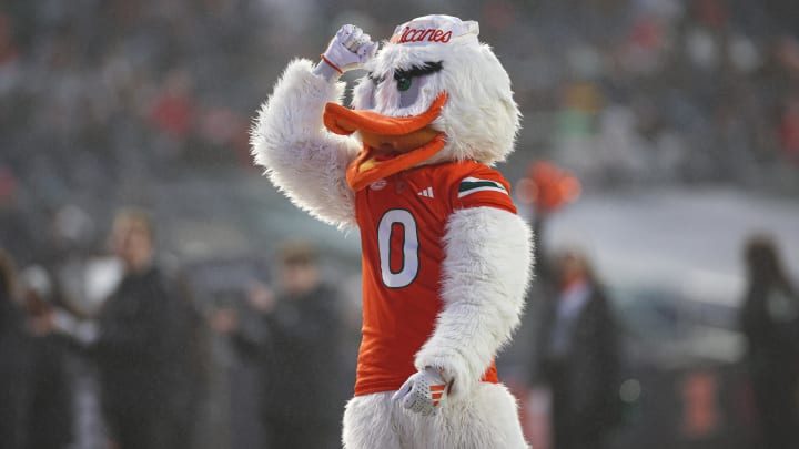 Dec 28, 2023; Bronx, NY, USA; University of Miami mascot
Sebastian the Ibis on the field during the second half of the 2023 Pinstripe Bowl between the Rutgers Scarlet Knights and the Hurricanes at Yankee Stadium. Mandatory Credit: Vincent Carchietta-USA TODAY Sports